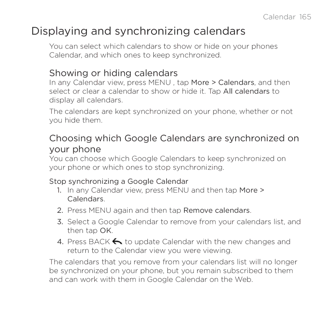 HTC HTC Desire manual Displaying and synchronizing calendars, Showing or hiding calendars 