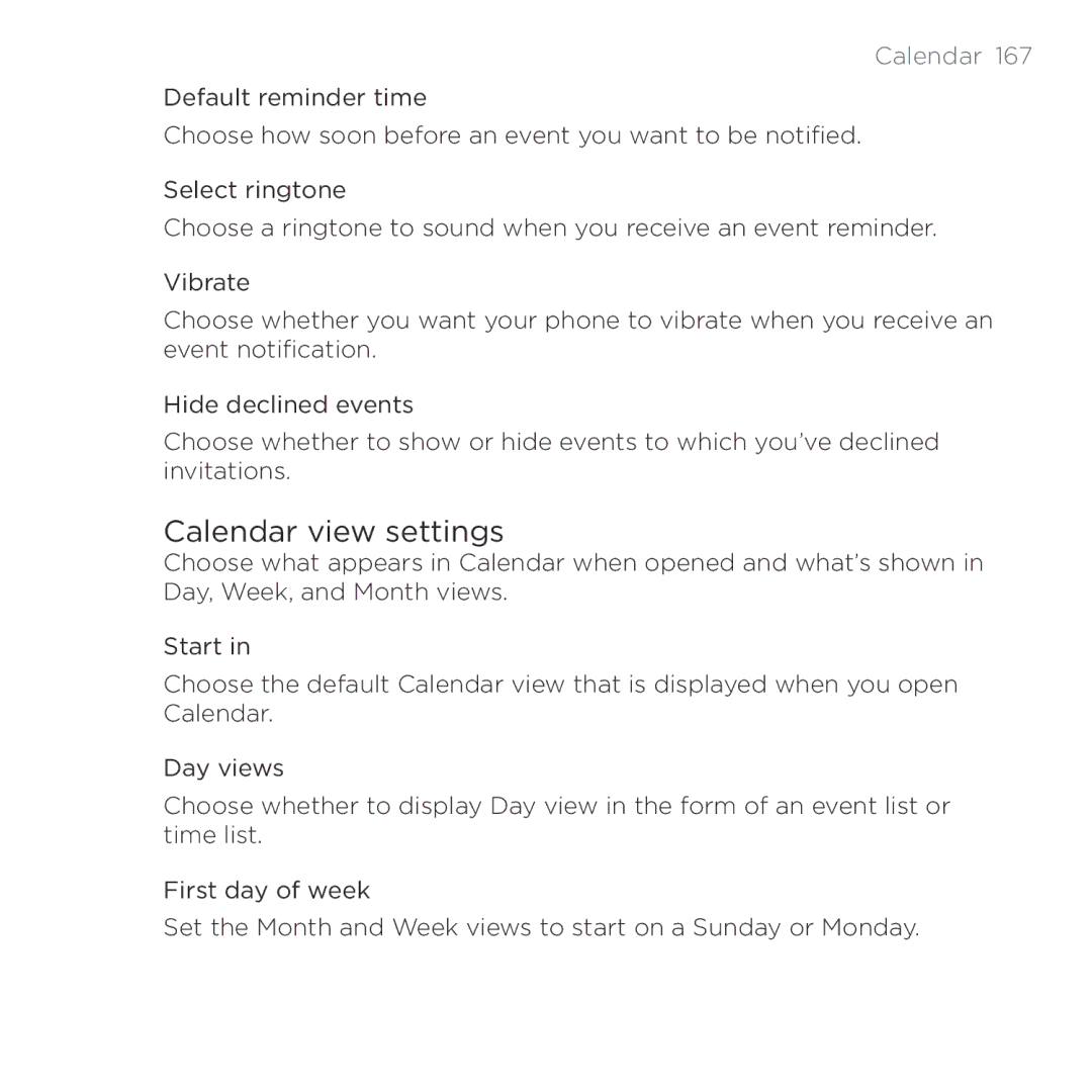 HTC HTC Desire manual Calendar view settings 