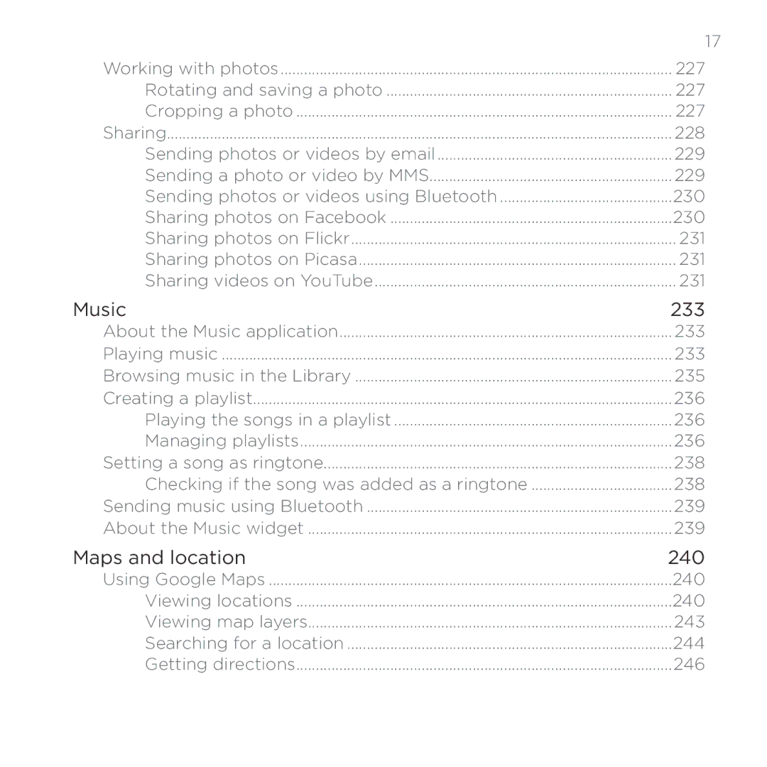 HTC HTC Desire manual Rotating and saving a photo 227 Cropping a photo, 228, 231, 233, 235, 236, 238, 239, 240, 243 