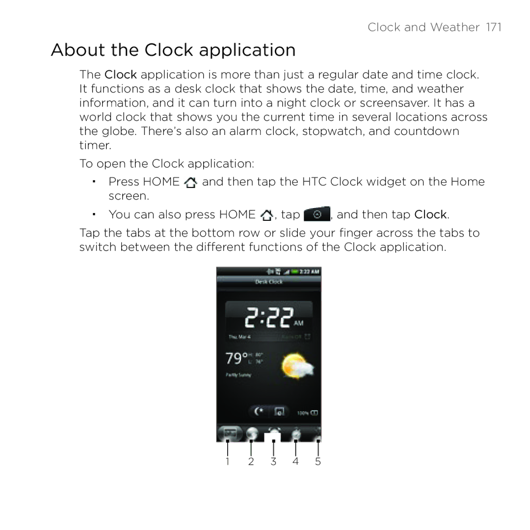 HTC HTC Desire manual About the Clock application, Clock and Weather  