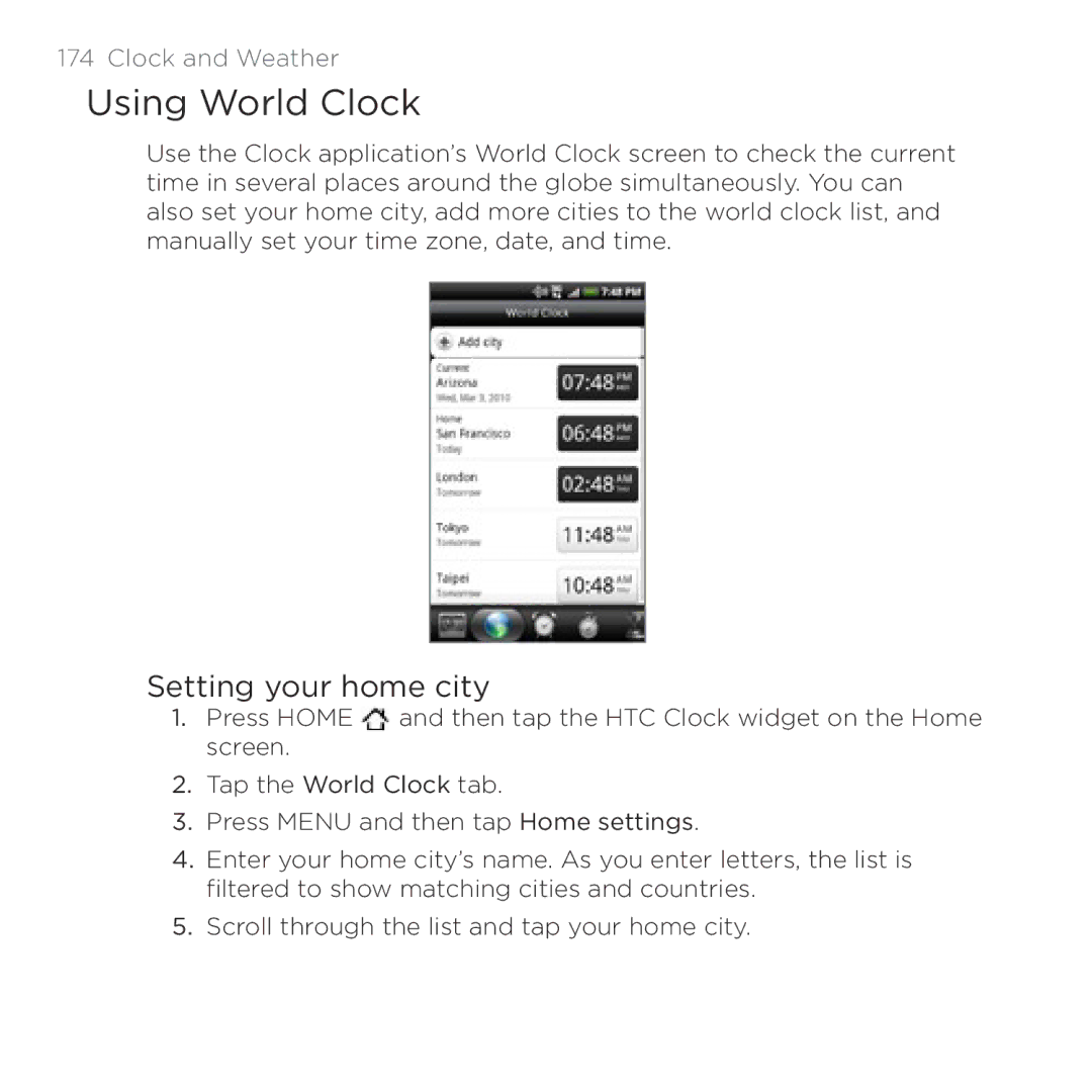 HTC HTC Desire manual Using World Clock, Setting your home city 