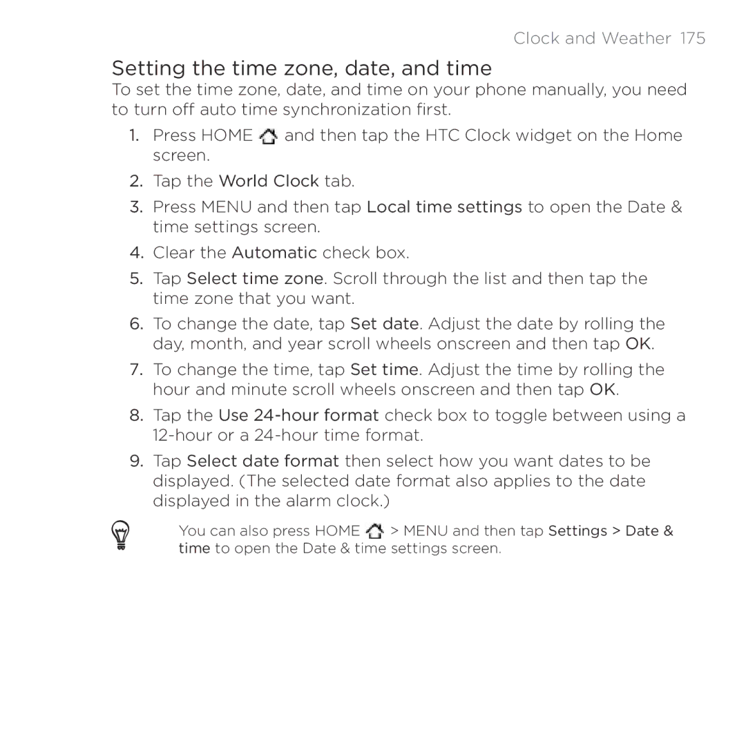 HTC HTC Desire manual Setting the time zone, date, and time 