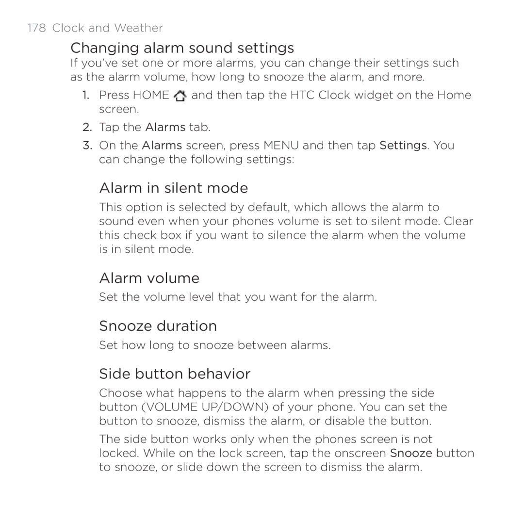 HTC HTC Desire Changing alarm sound settings, Alarm in silent mode, Alarm volume, Snooze duration, Side button behavior 