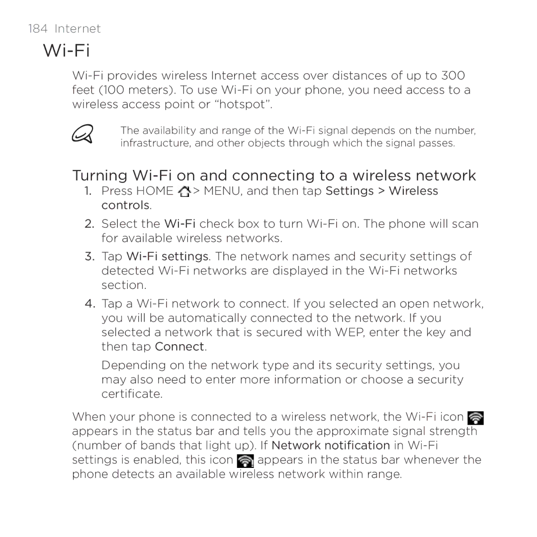 HTC HTC Desire manual Turning Wi-Fi on and connecting to a wireless network, Internet 