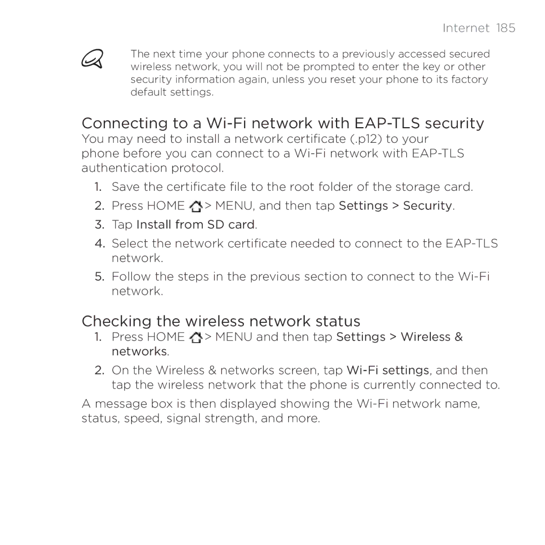 HTC HTC Desire manual Connecting to a Wi-Fi network with EAP-TLS security, Checking the wireless network status, Internet  