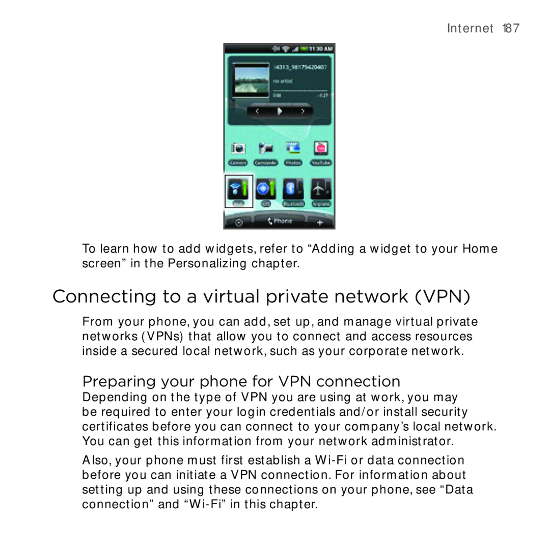 HTC HTC Desire manual Connecting to a virtual private network VPN, Preparing your phone for VPN connection 