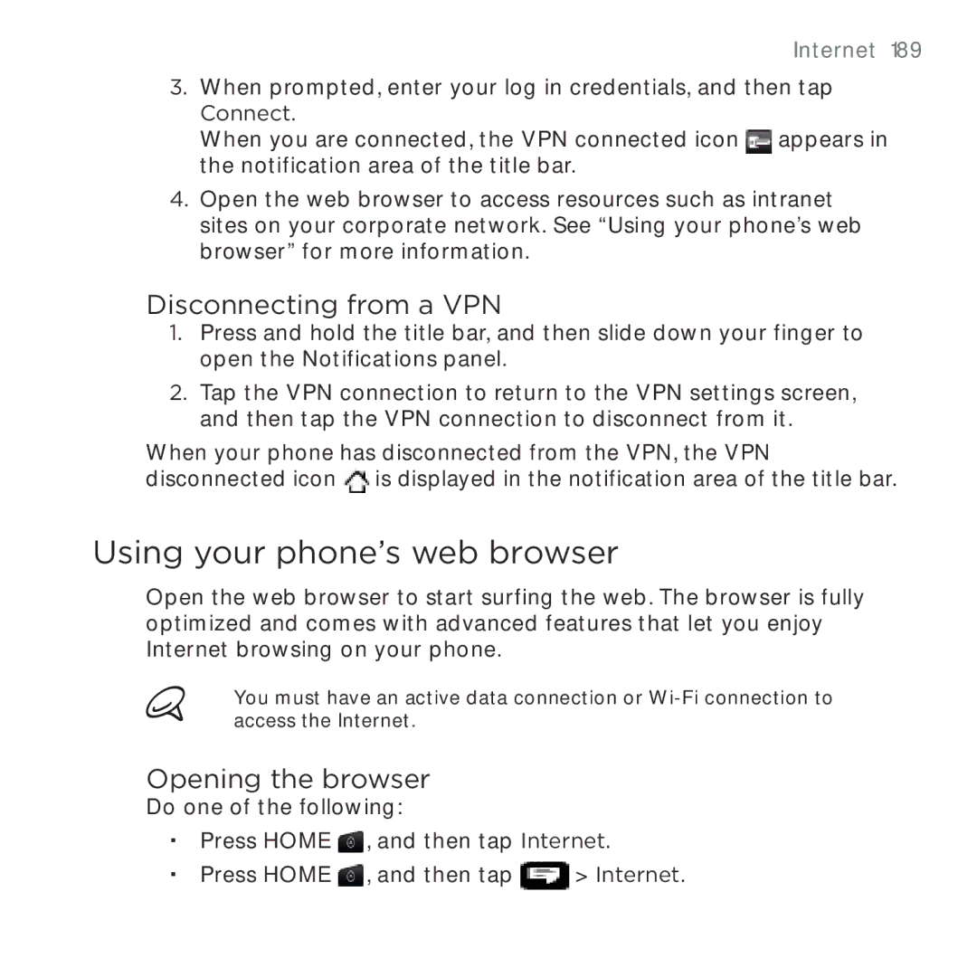 HTC HTC Desire manual Using your phone’s web browser, Disconnecting from a VPN, Opening the browser 