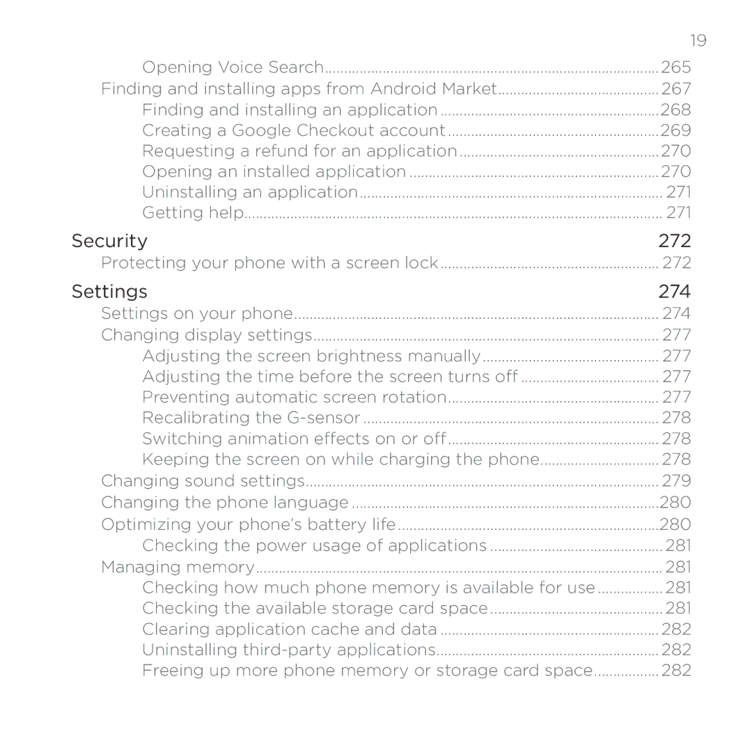 HTC HTC Desire manual Protecting your phone with a screen lock 272, 274, 277, 279, 280 