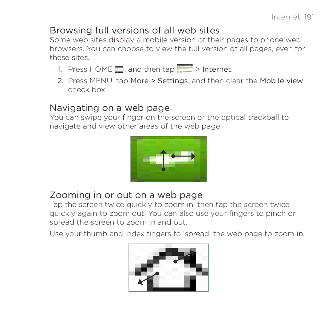 HTC HTC Desire manual Browsing full versions of all web sites, Navigating on a web, Zooming in or out on a web 