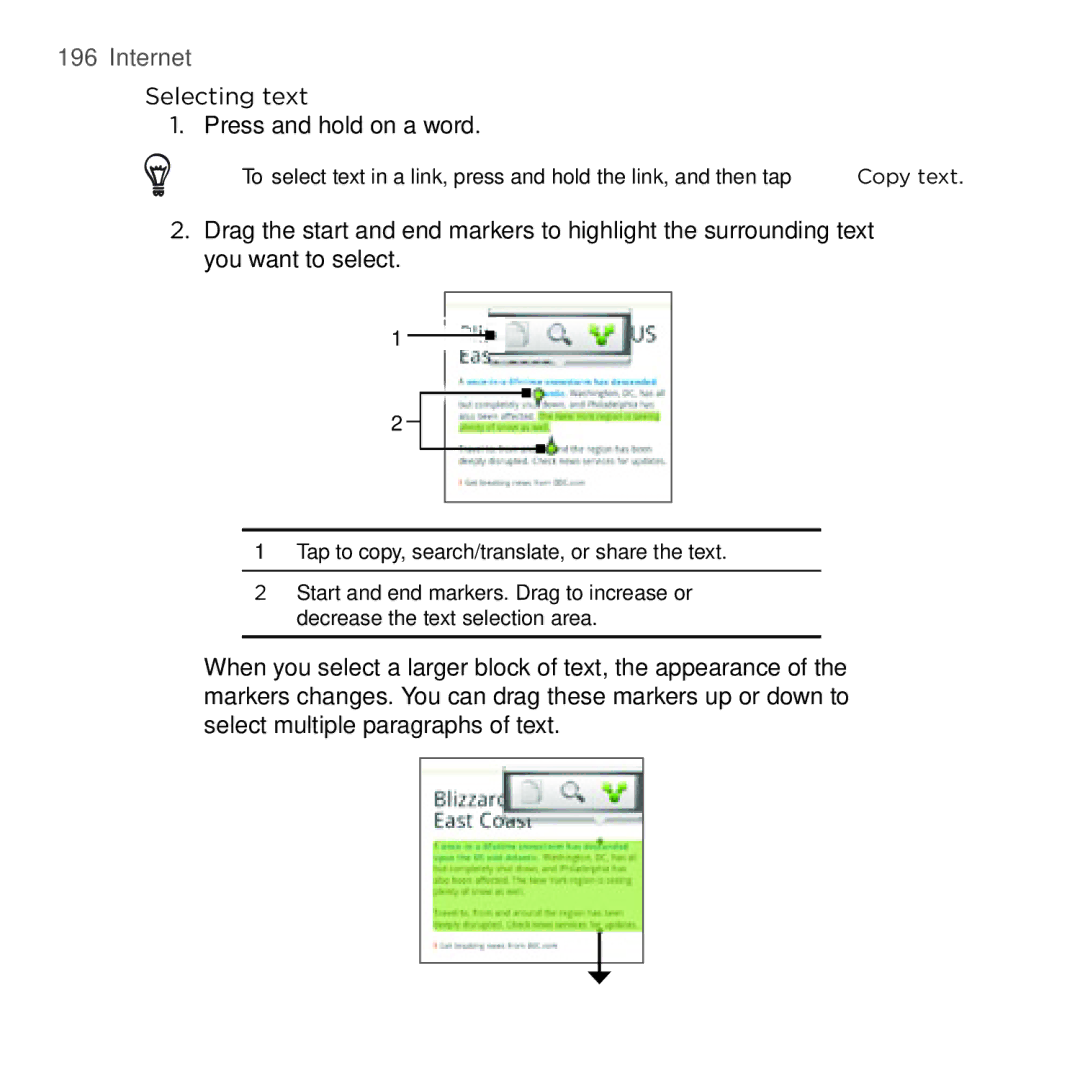 HTC HTC Desire manual Selecting text Press and hold on a word 