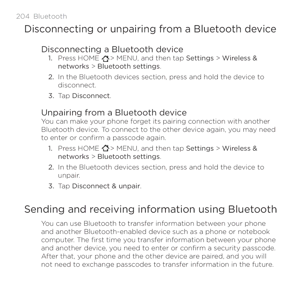 HTC HTC Desire manual Disconnecting or unpairing from a Bluetooth device, Sending and receiving information using Bluetooth 