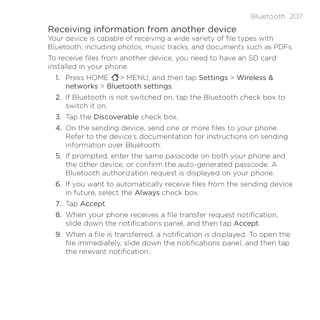 HTC HTC Desire manual Receiving information from another device 