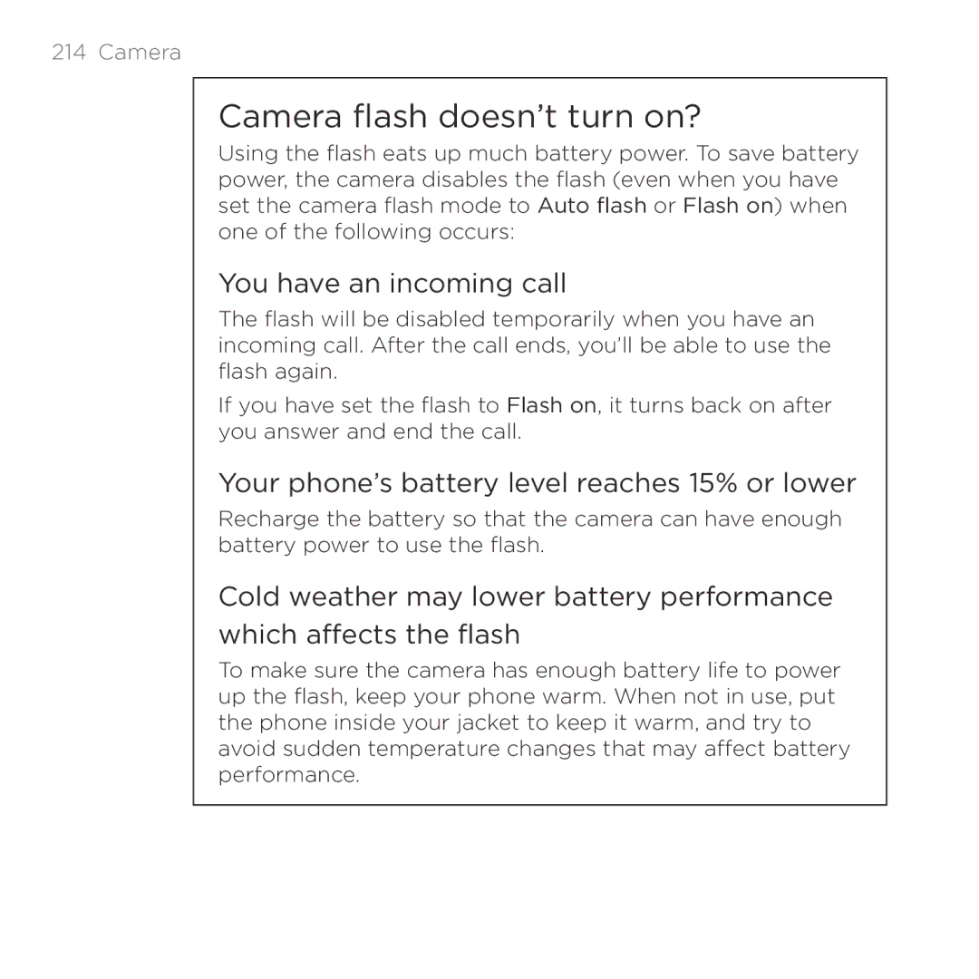 HTC HTC Desire Camera flash doesn’t turn on?, You have an incoming call, Your phone’s battery level reaches 15% or lower 