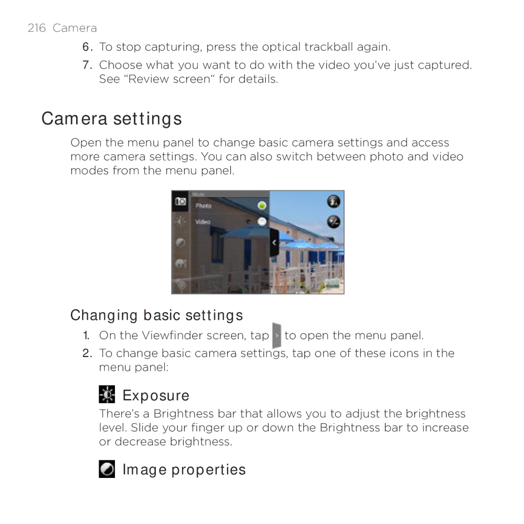 HTC HTC Desire manual Camera settings, Changing basic settings, Exposure, Image properties 