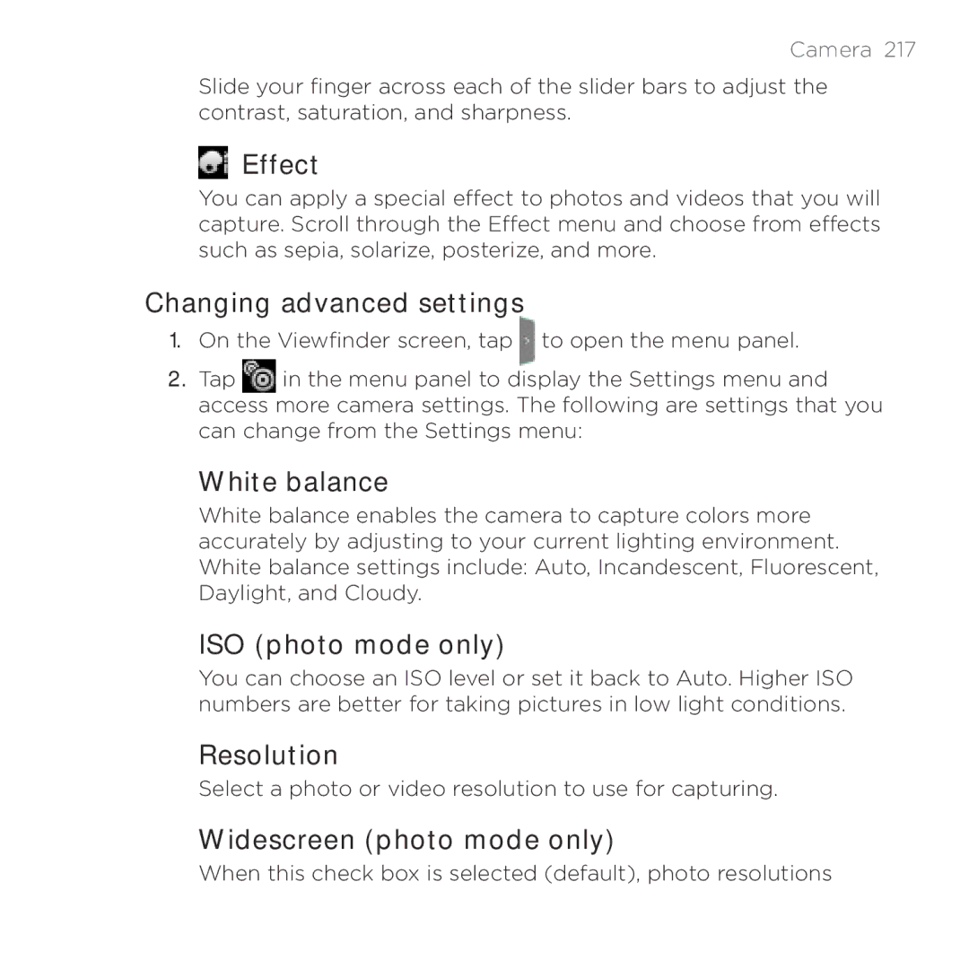 HTC HTC Desire manual Effect, Changing advanced settings, White balance, ISO photo mode only, Resolution 