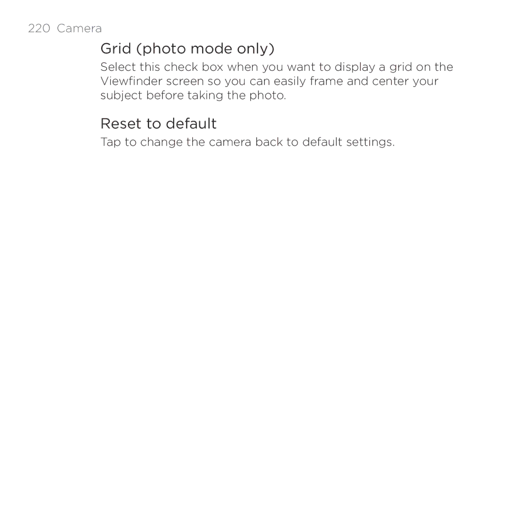 HTC HTC Desire manual Grid photo mode only, Reset to default 