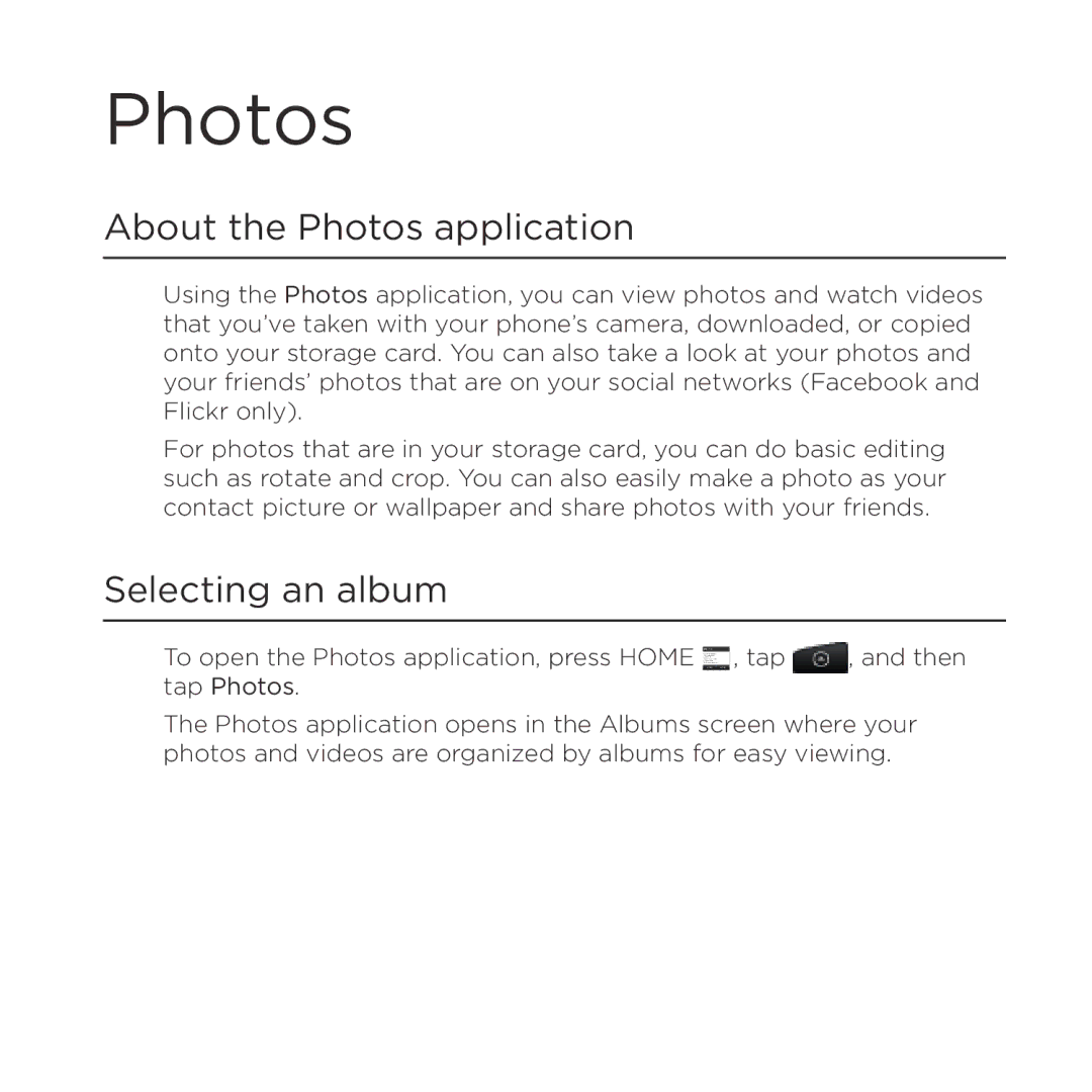 HTC HTC Desire manual About the Photos application, Selecting an album 