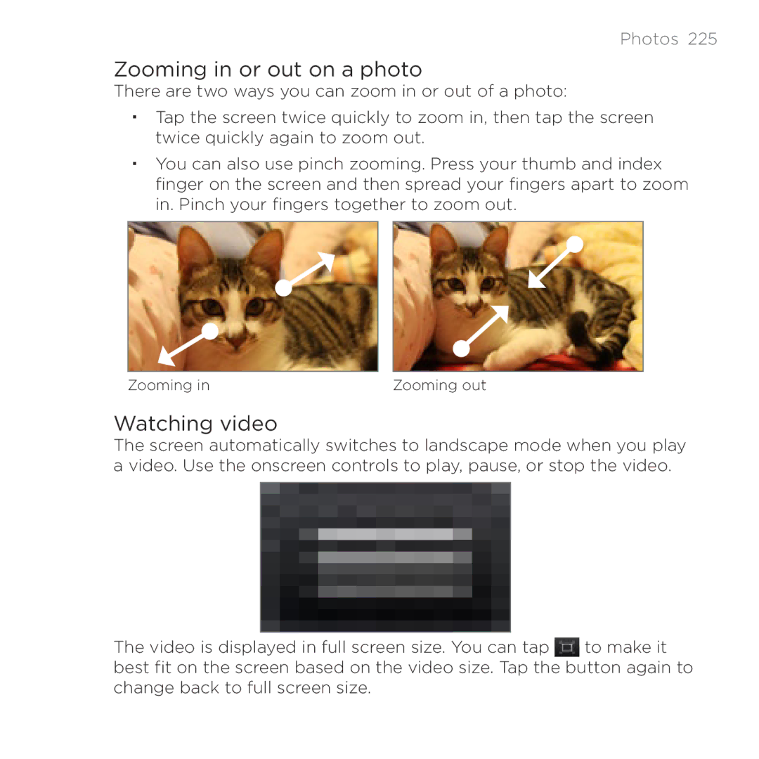 HTC HTC Desire manual Zooming in or out on a photo, Watching video 