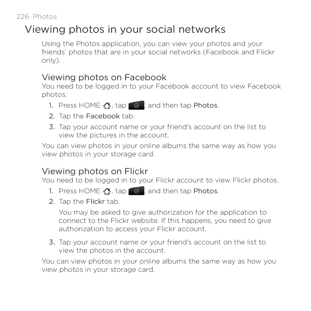 HTC HTC Desire manual Viewing photos in your social networks, Viewing photos on Facebook, Viewing photos on Flickr 