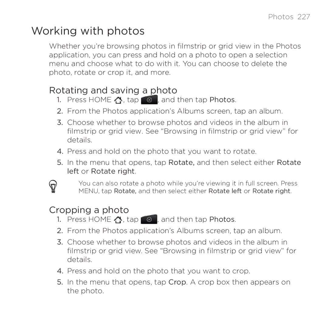 HTC HTC Desire manual Working with photos, Rotating and saving a photo, Cropping a photo 