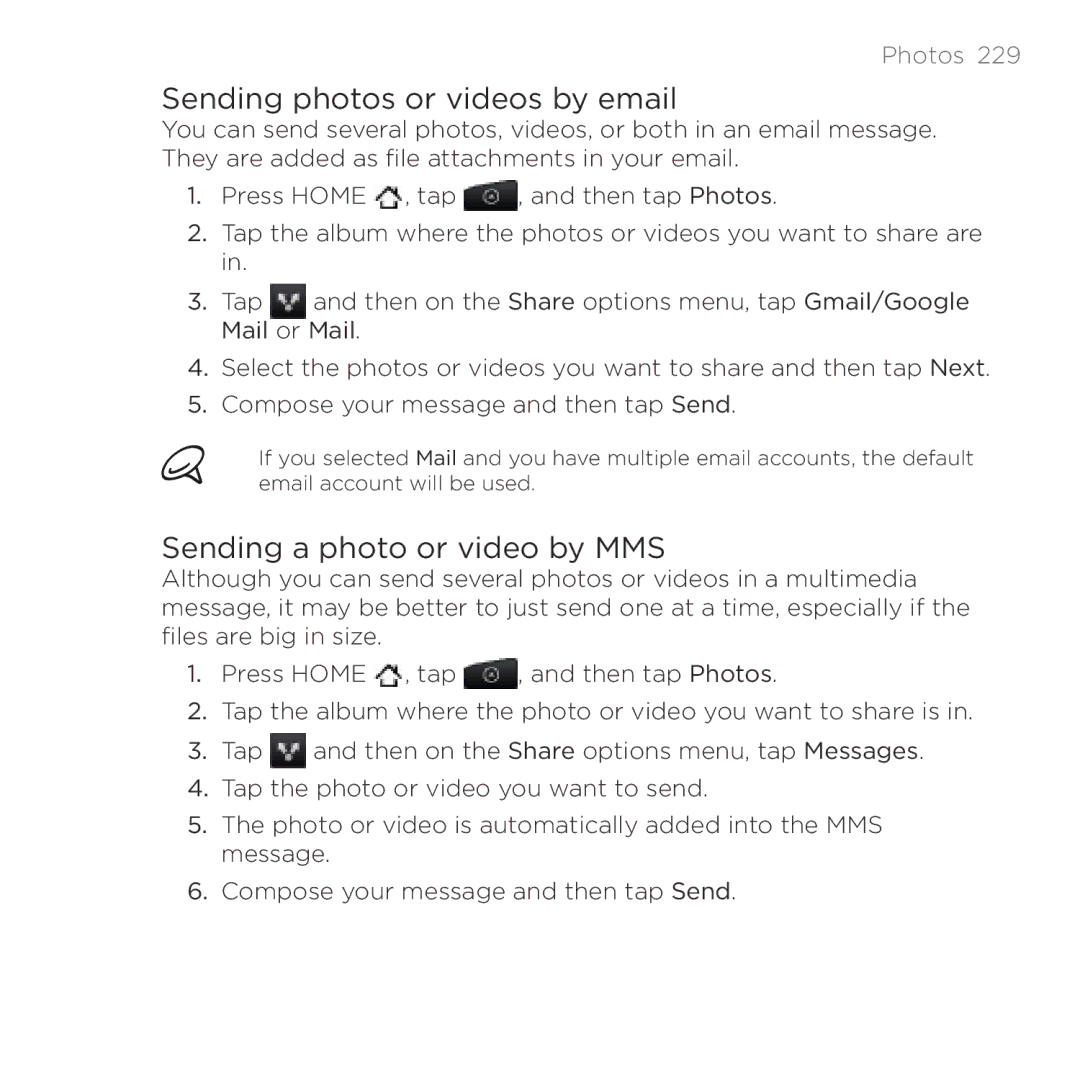 HTC HTC Desire manual Sending photos or videos by email, Sending a photo or video by MMS 