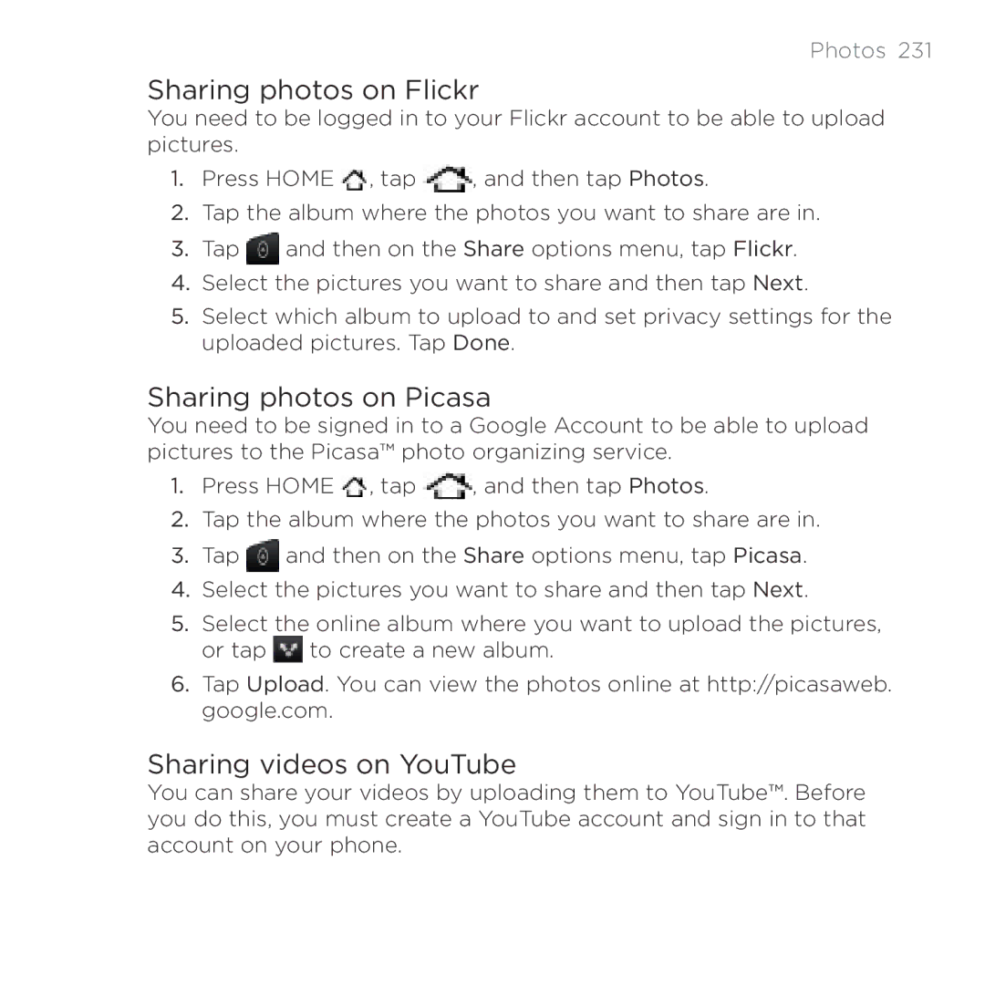 HTC HTC Desire manual Sharing photos on Flickr, Sharing photos on Picasa, Sharing videos on YouTube 