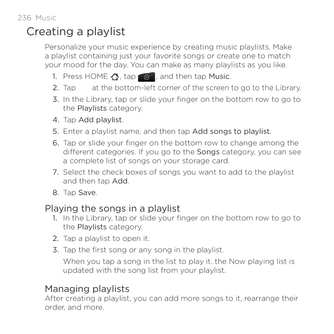 HTC HTC Desire manual Creating a playlist, Playing the songs in a playlist, Managing playlists 