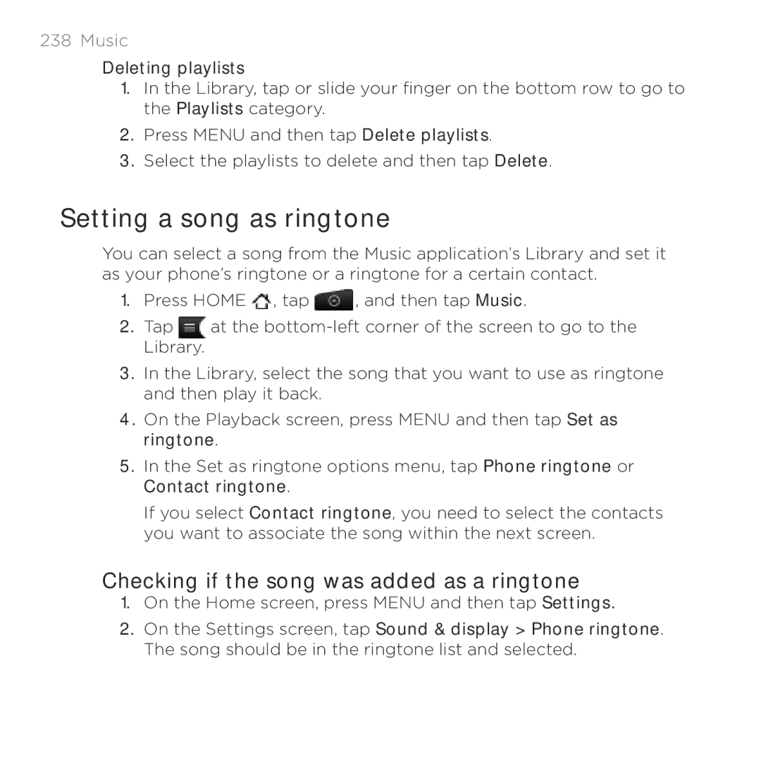 HTC HTC Desire manual Setting a song as ringtone, Checking if the song was added as a ringtone 