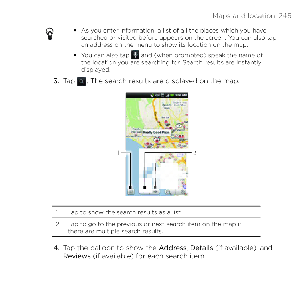 HTC HTC Desire manual Tap . The search results are displayed on the map 