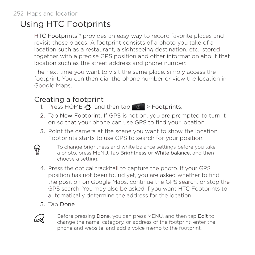 HTC HTC Desire manual Using HTC Footprints, Creating a footprint 