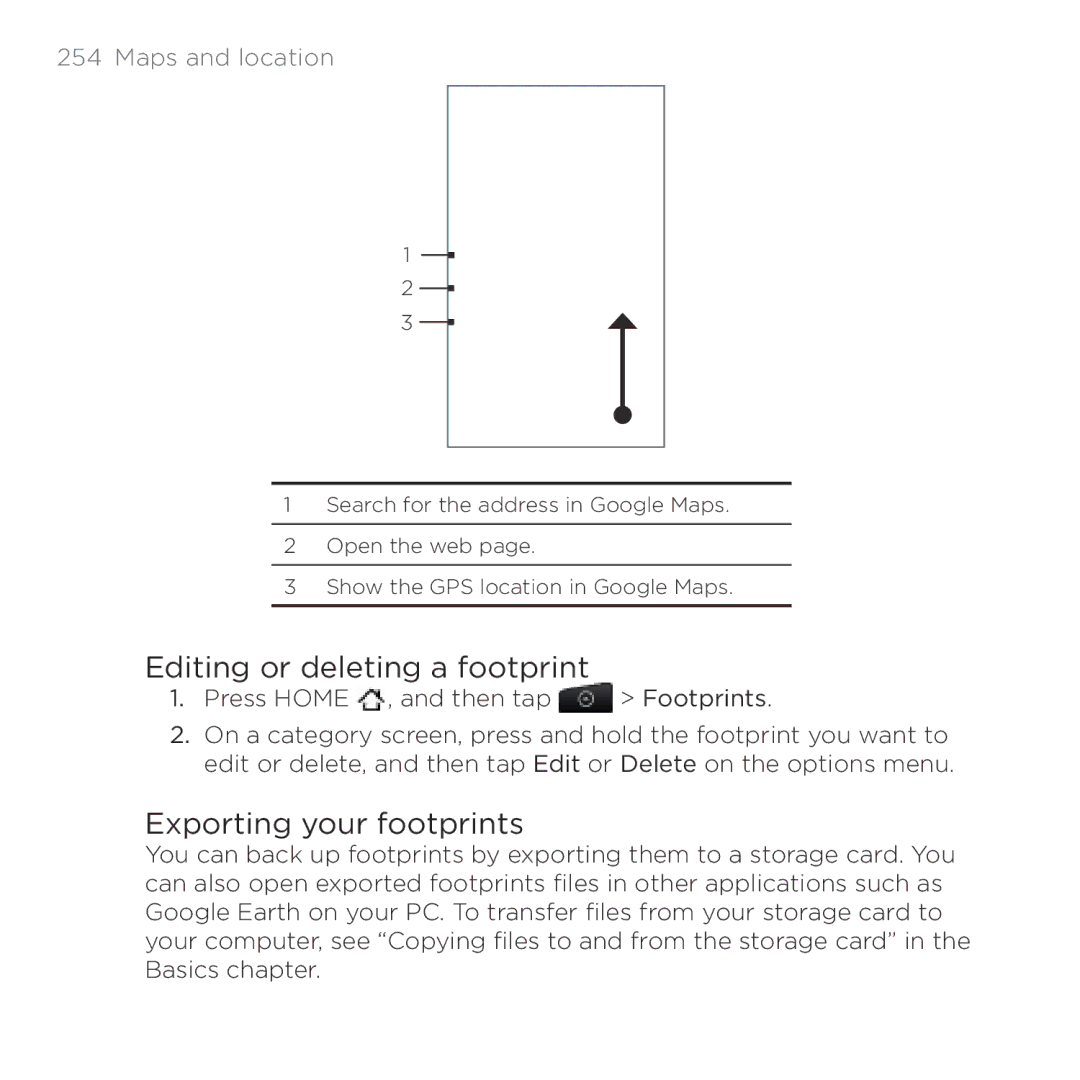 HTC HTC Desire manual Editing or deleting a footprint, Exporting your footprints 