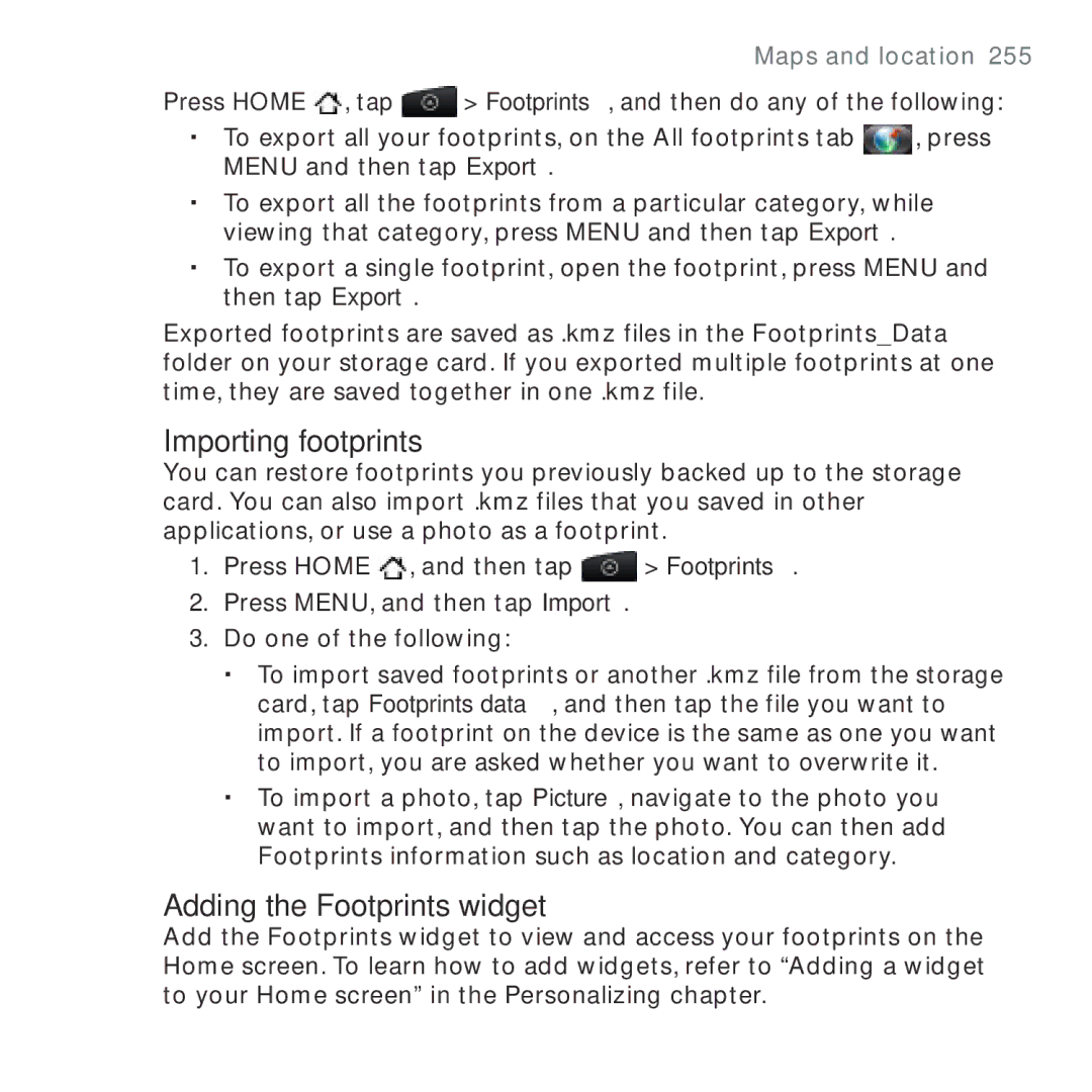 HTC HTC Desire manual Importing footprints, Adding the Footprints widget 
