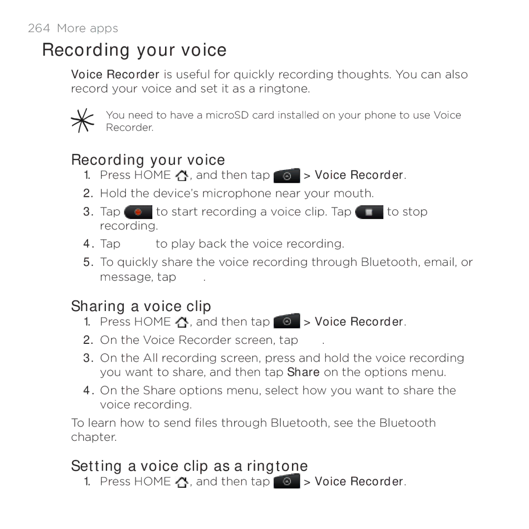 HTC HTC Desire manual Recording your voice, Sharing a voice clip, Setting a voice clip as a ringtone 