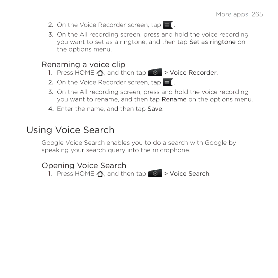 HTC HTC Desire manual Using Voice Search, Renaming a voice clip, Opening Voice Search 