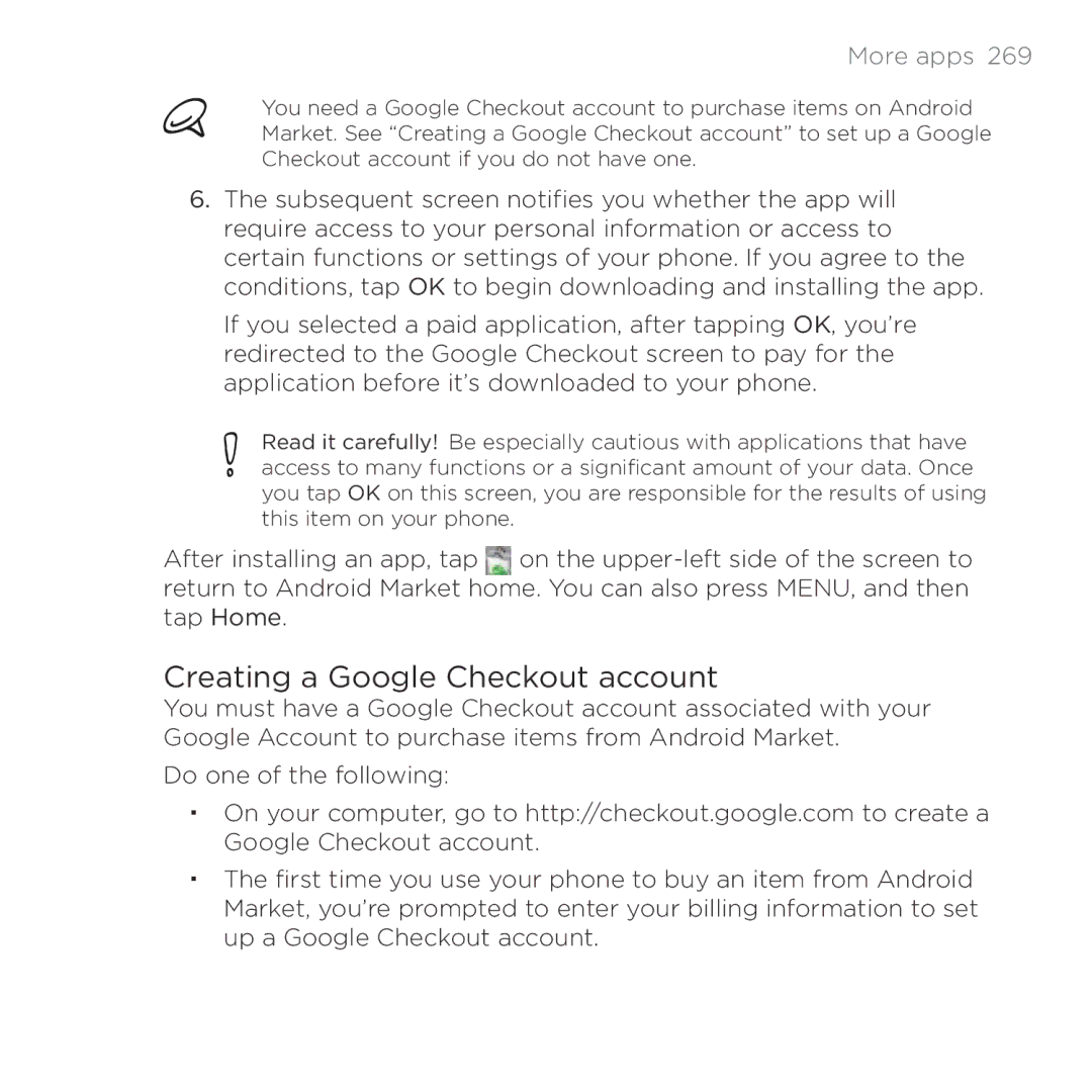 HTC HTC Desire manual Creating a Google Checkout account 