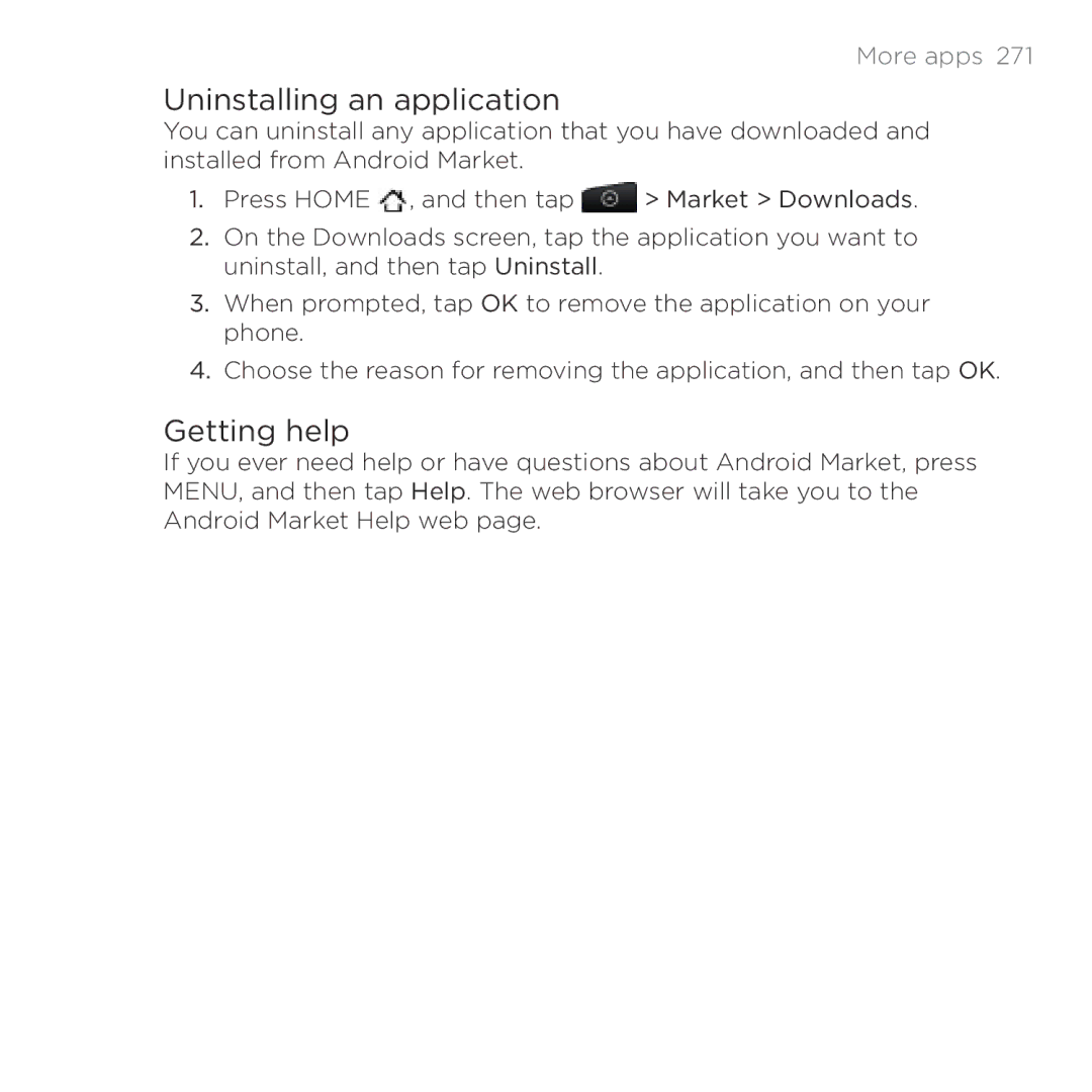 HTC HTC Desire manual Uninstalling an application, Getting help 