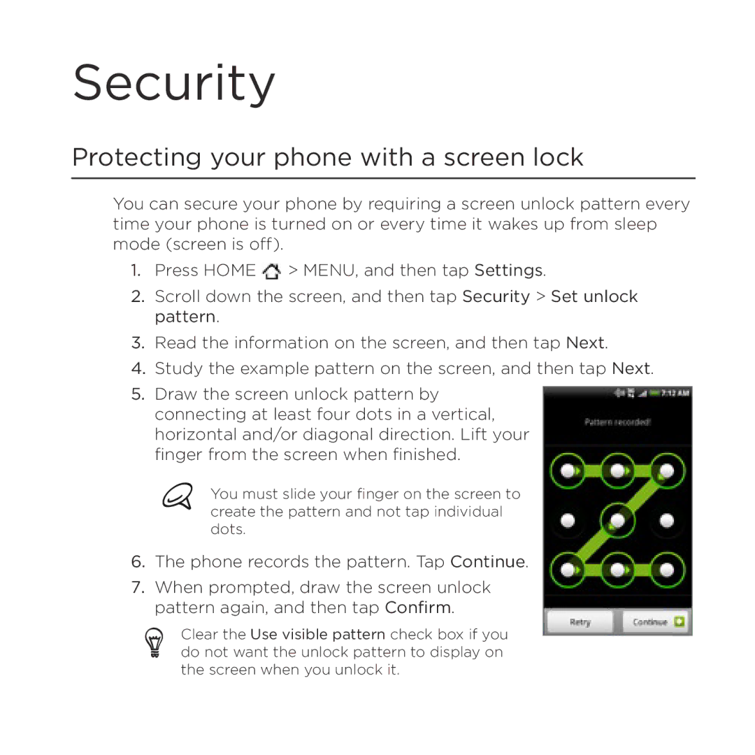 HTC HTC Desire manual Security, Protecting your phone with a screen lock 