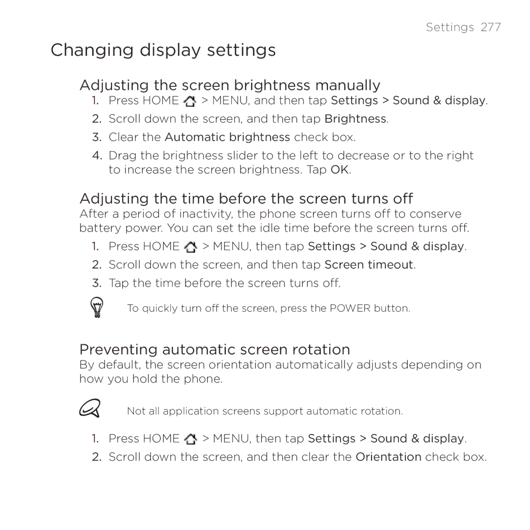 HTC HTC Desire Changing display settings, Adjusting the screen brightness manually, Preventing automatic screen rotation 