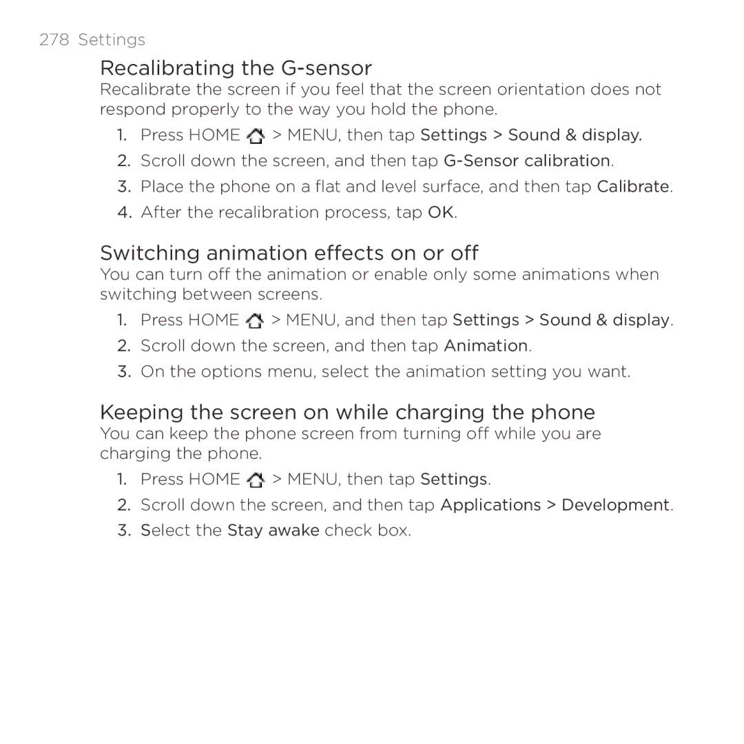 HTC HTC Desire manual Recalibrating the G-sensor, Switching animation effects on or off 