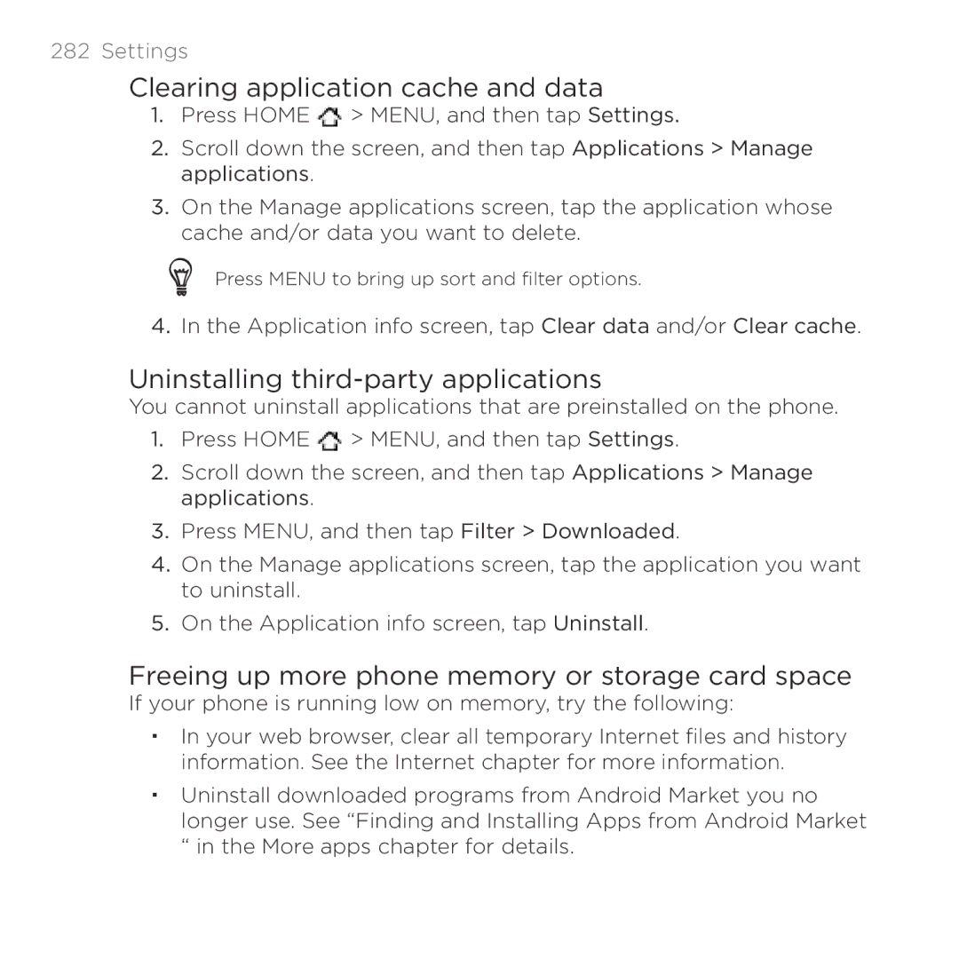 HTC HTC Desire manual Clearing application cache and data, Uninstalling third-party applications 