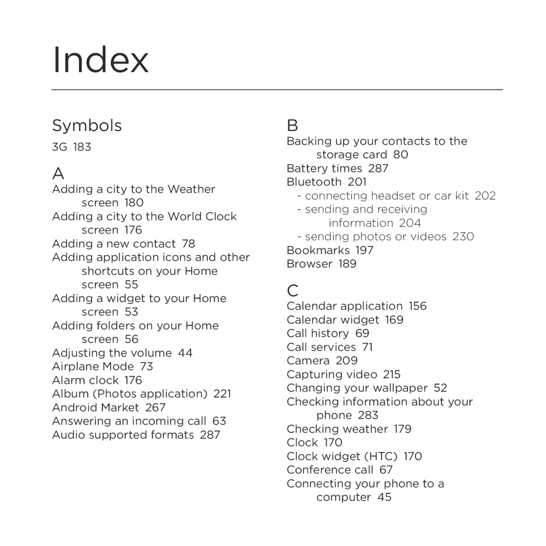 HTC HTC Desire manual Index, Symbols 