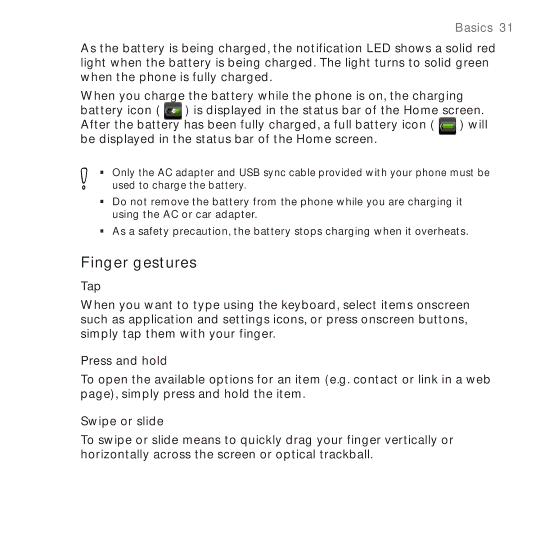 HTC HTC Desire manual Finger gestures 