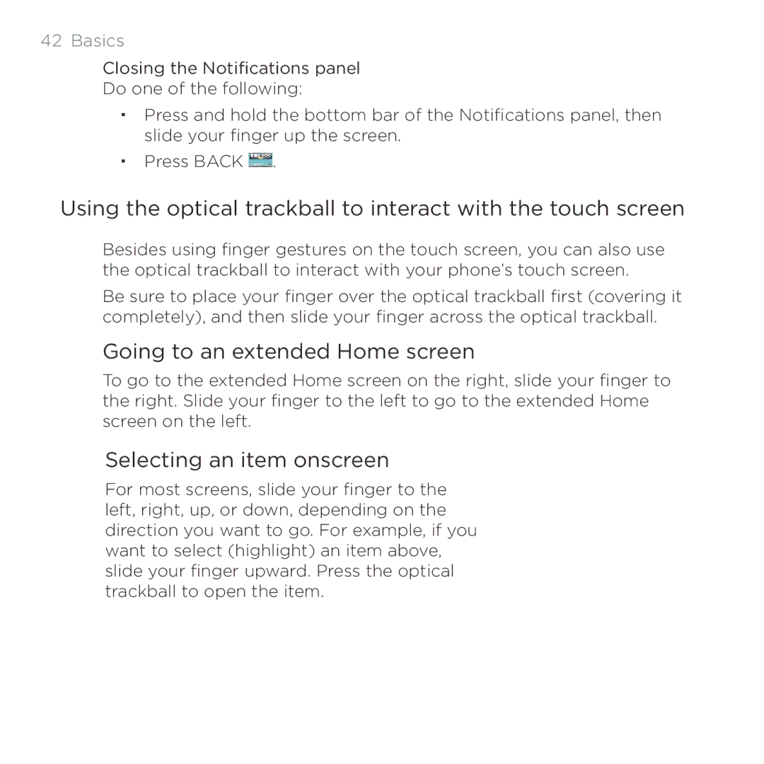 HTC HTC Desire manual Going to an extended Home screen, Selecting an item onscreen 