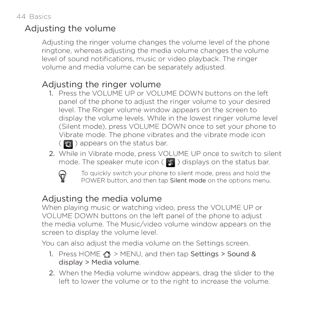 HTC HTC Desire manual Adjusting the volume, Adjusting the ringer volume, Adjusting the media volume 