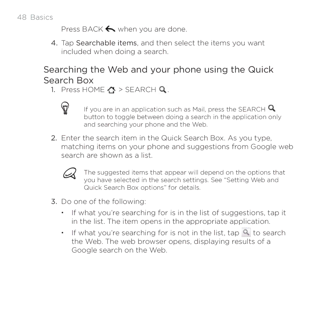 HTC HTC Desire manual Searching the Web and your phone using the Quick Search Box, Press Home Search 