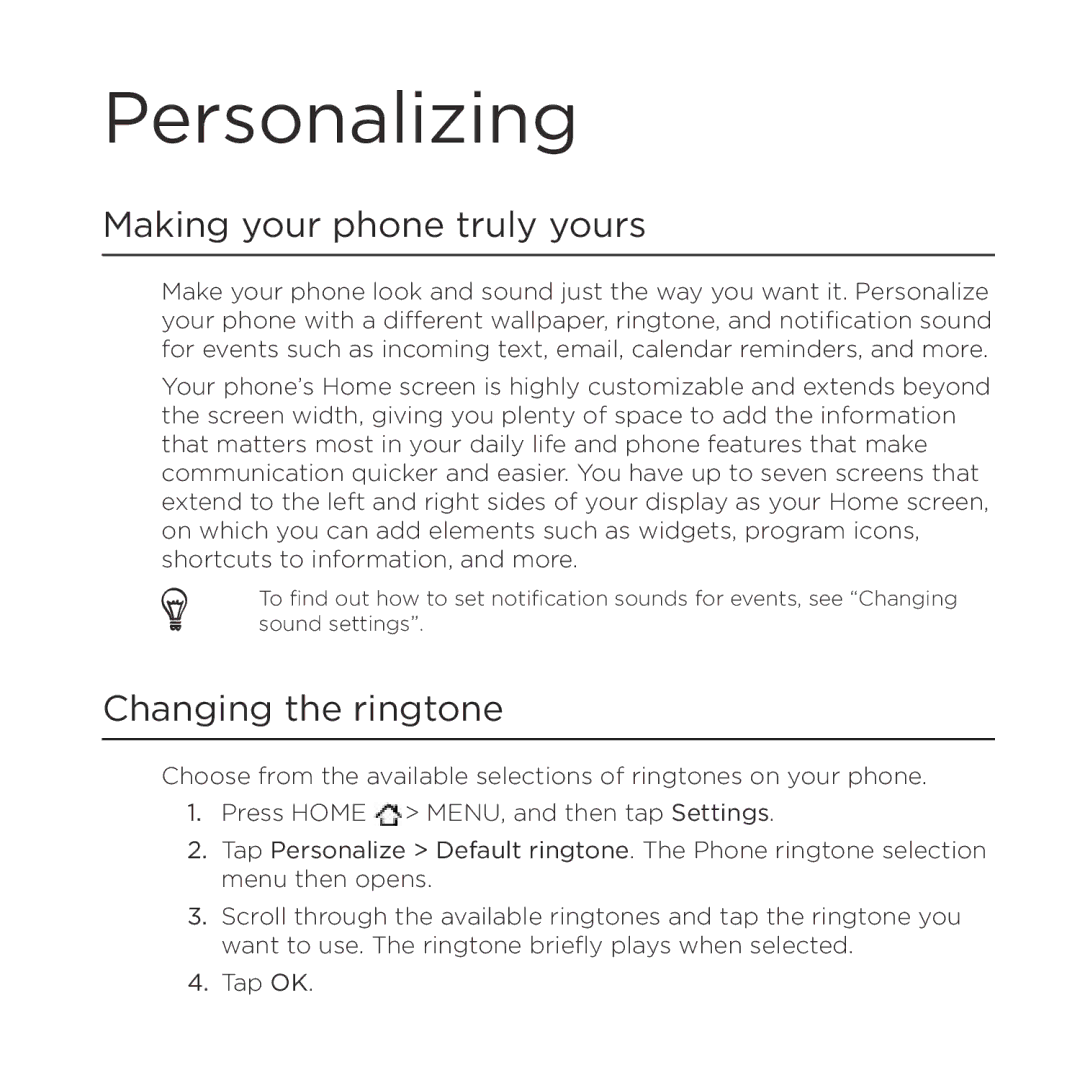 HTC HTC Desire manual Personalizing, Making your phone truly yours, Changing the ringtone 