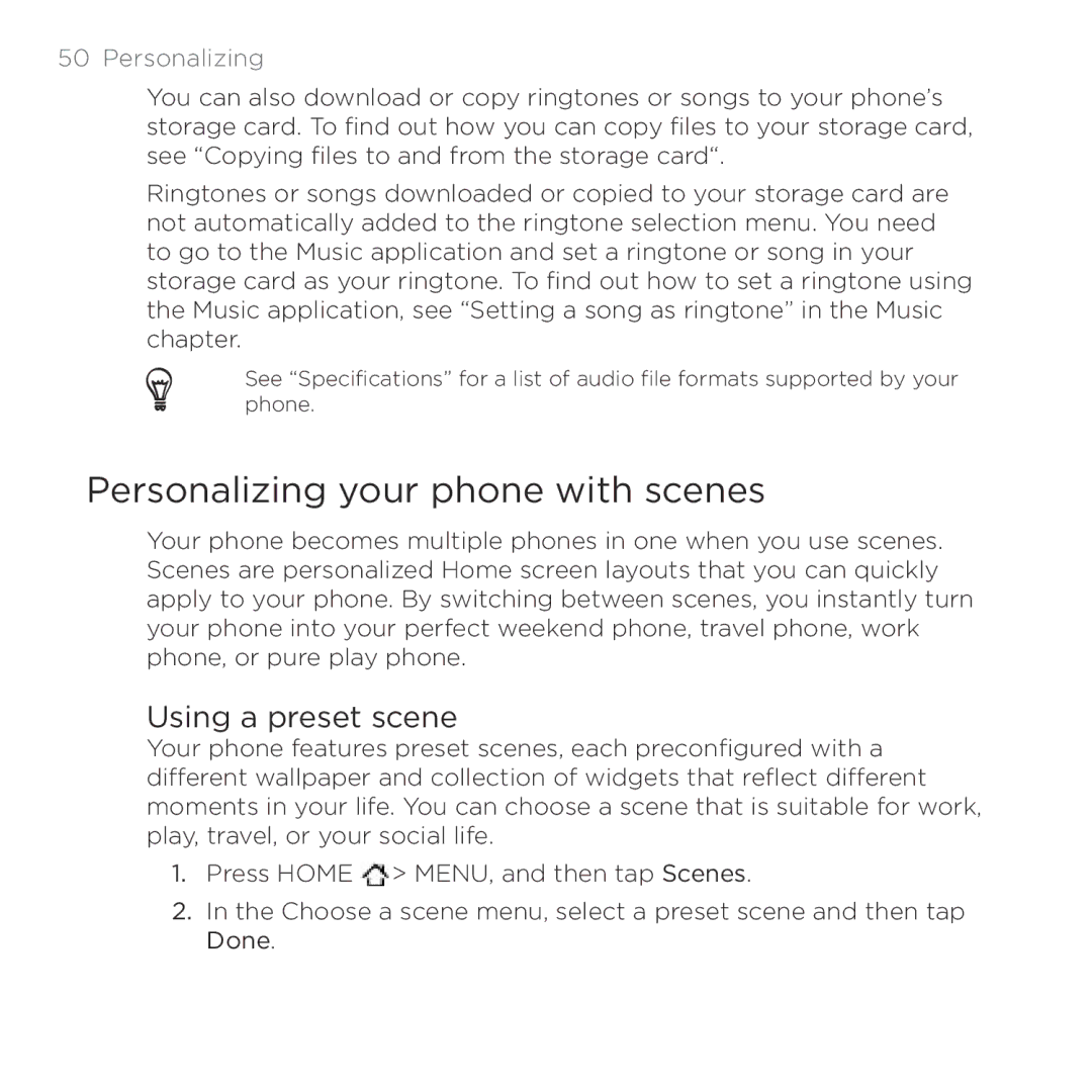 HTC HTC Desire manual Personalizing your phone with scenes, Using a preset scene 