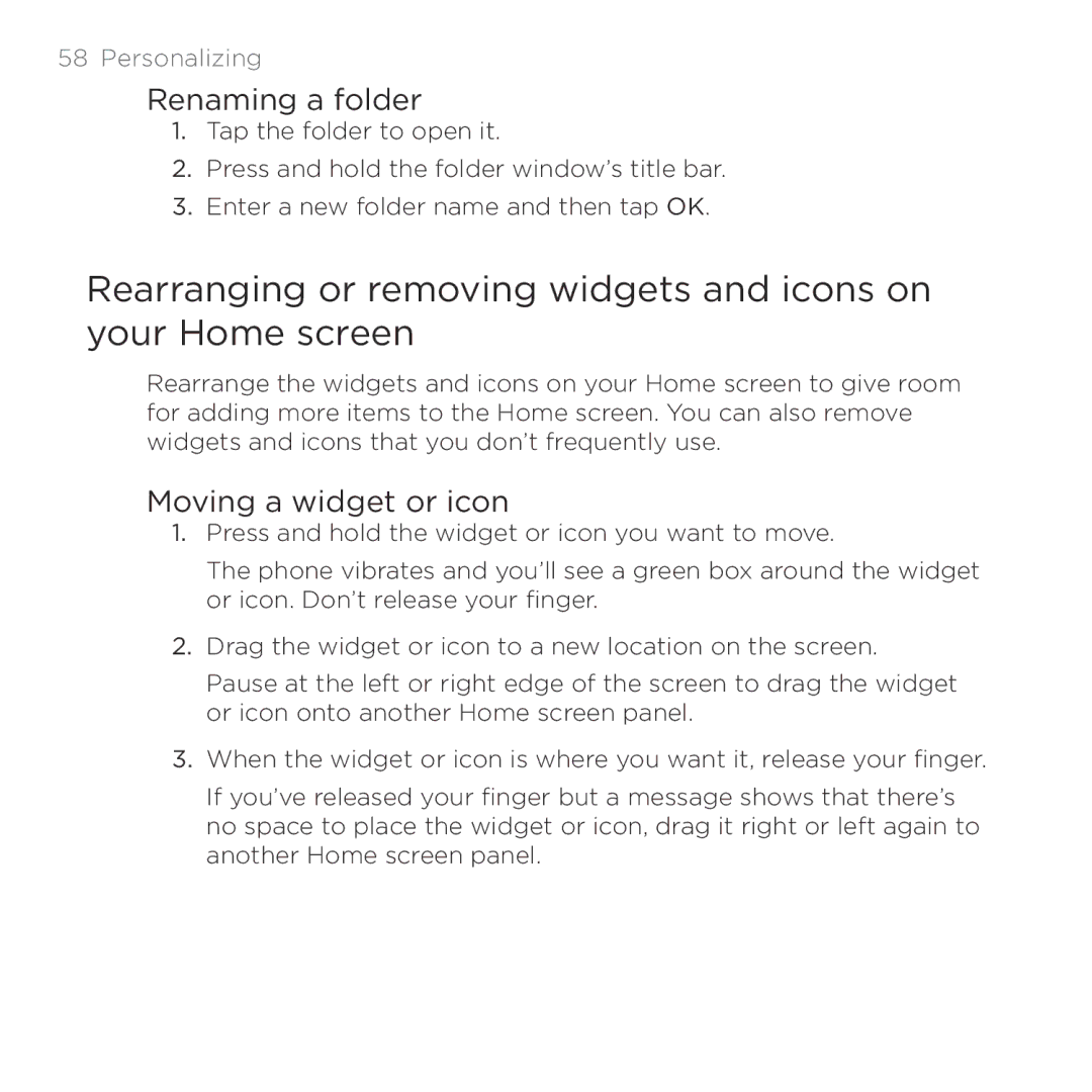 HTC HTC Desire manual Renaming a folder, Moving a widget or icon 