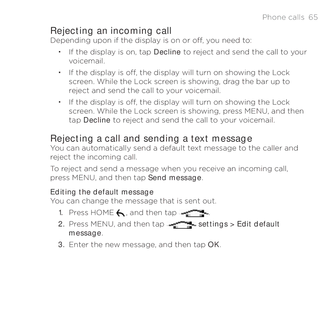 HTC HTC Desire manual Rejecting an incoming call, Rejecting a call and sending a text message 