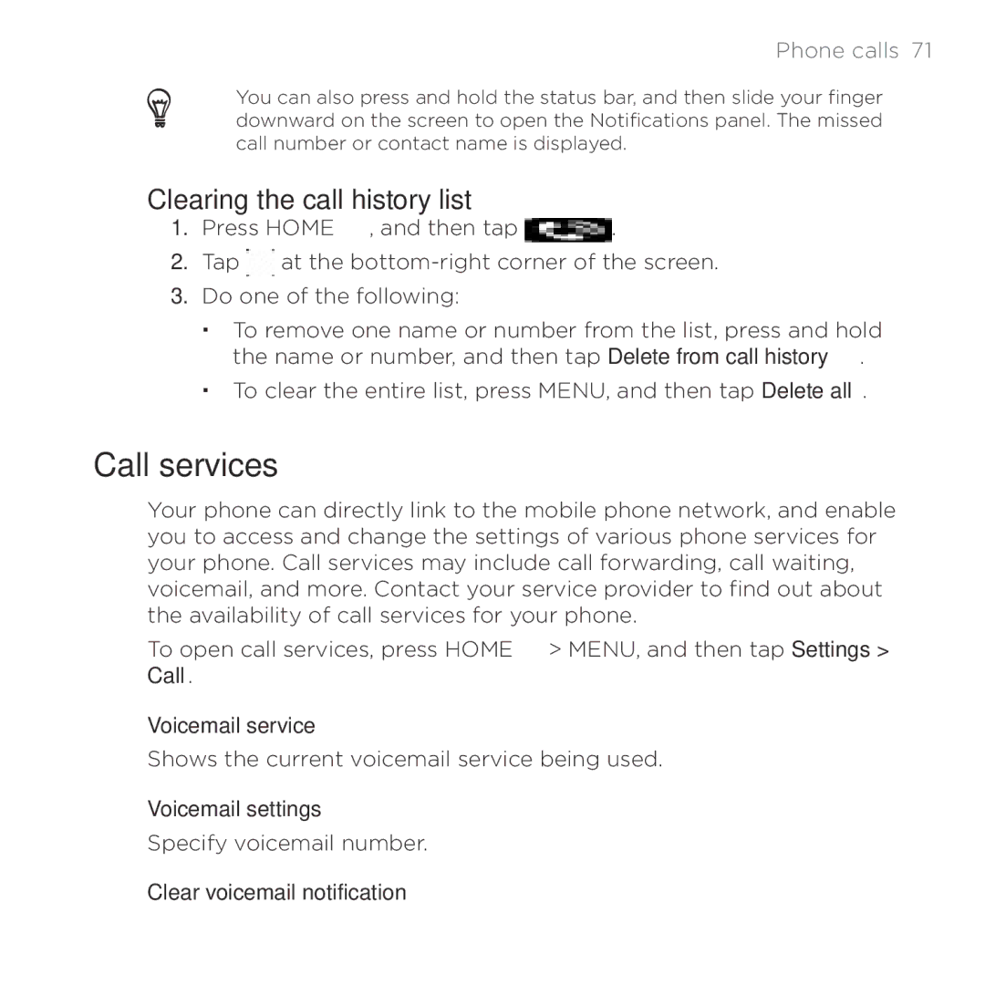 HTC HTC Desire manual Call services, Clearing the call history list 